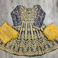 Grey Silk Peplum Top & Gold Embroidered Sharara Set | All-Over Embroidery | Sizes Small-8XL