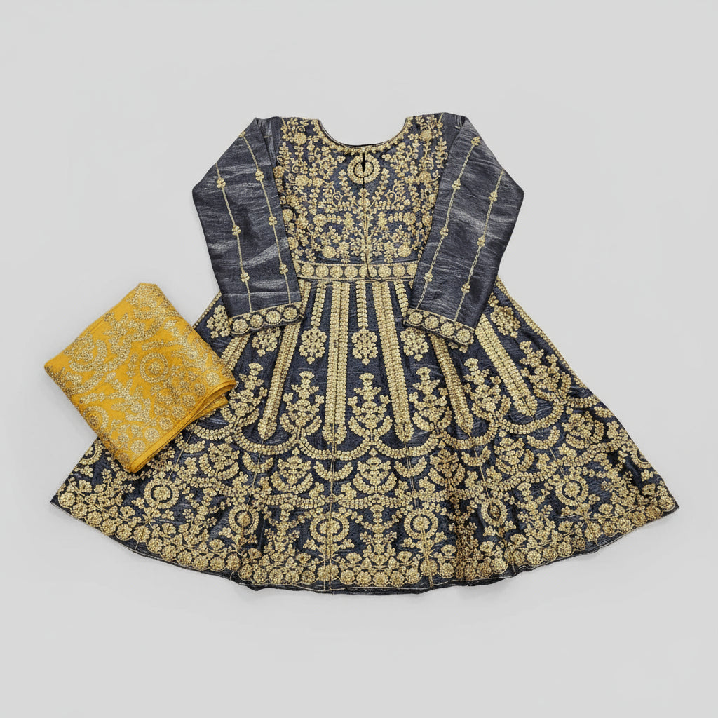 Grey Silk Peplum Top & Gold Embroidered Sharara Set | All-Over Embroidery | Sizes Small-8XL