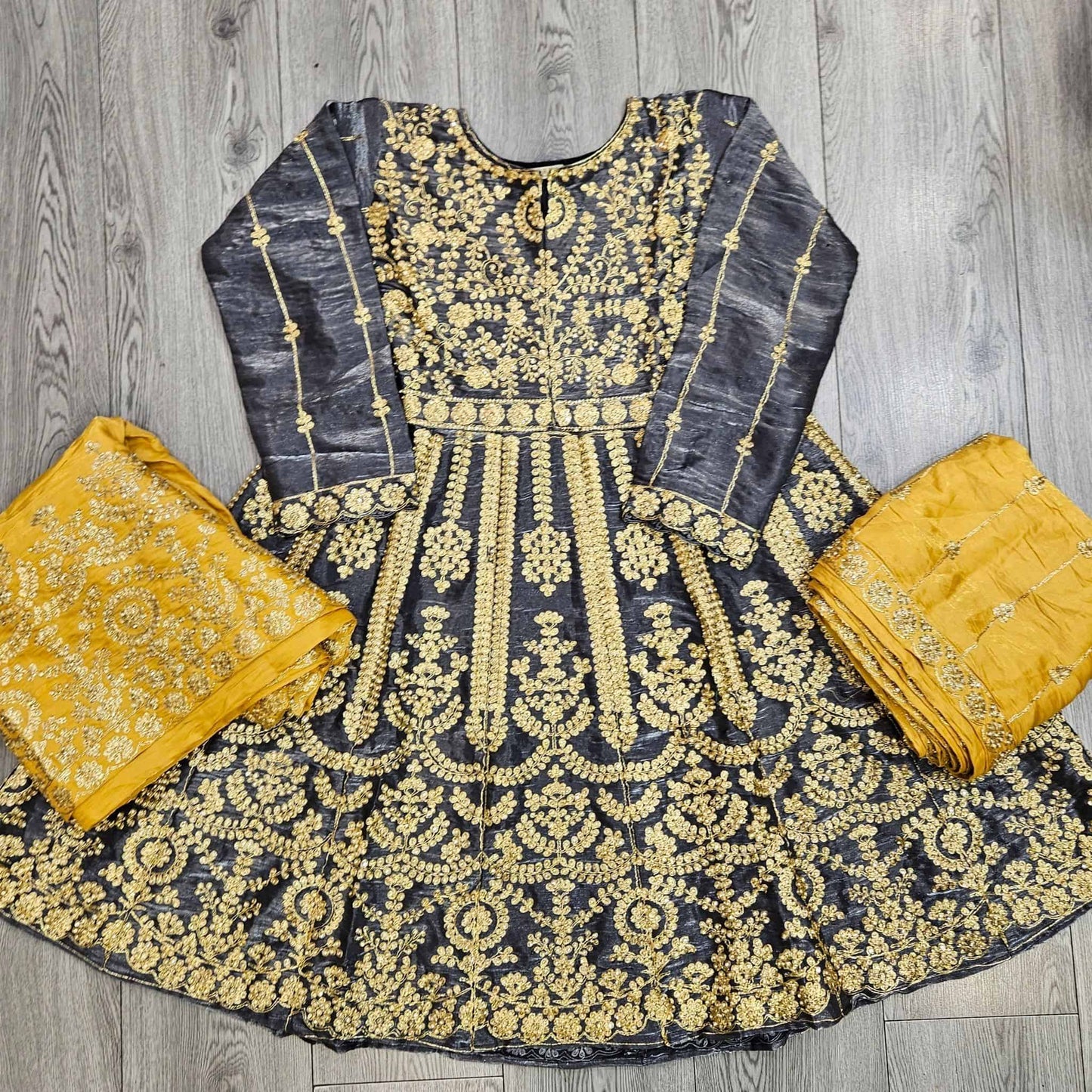 Grey Silk Peplum Top & Gold Embroidered Sharara Set | All-Over Embroidery | Sizes Small-8XL