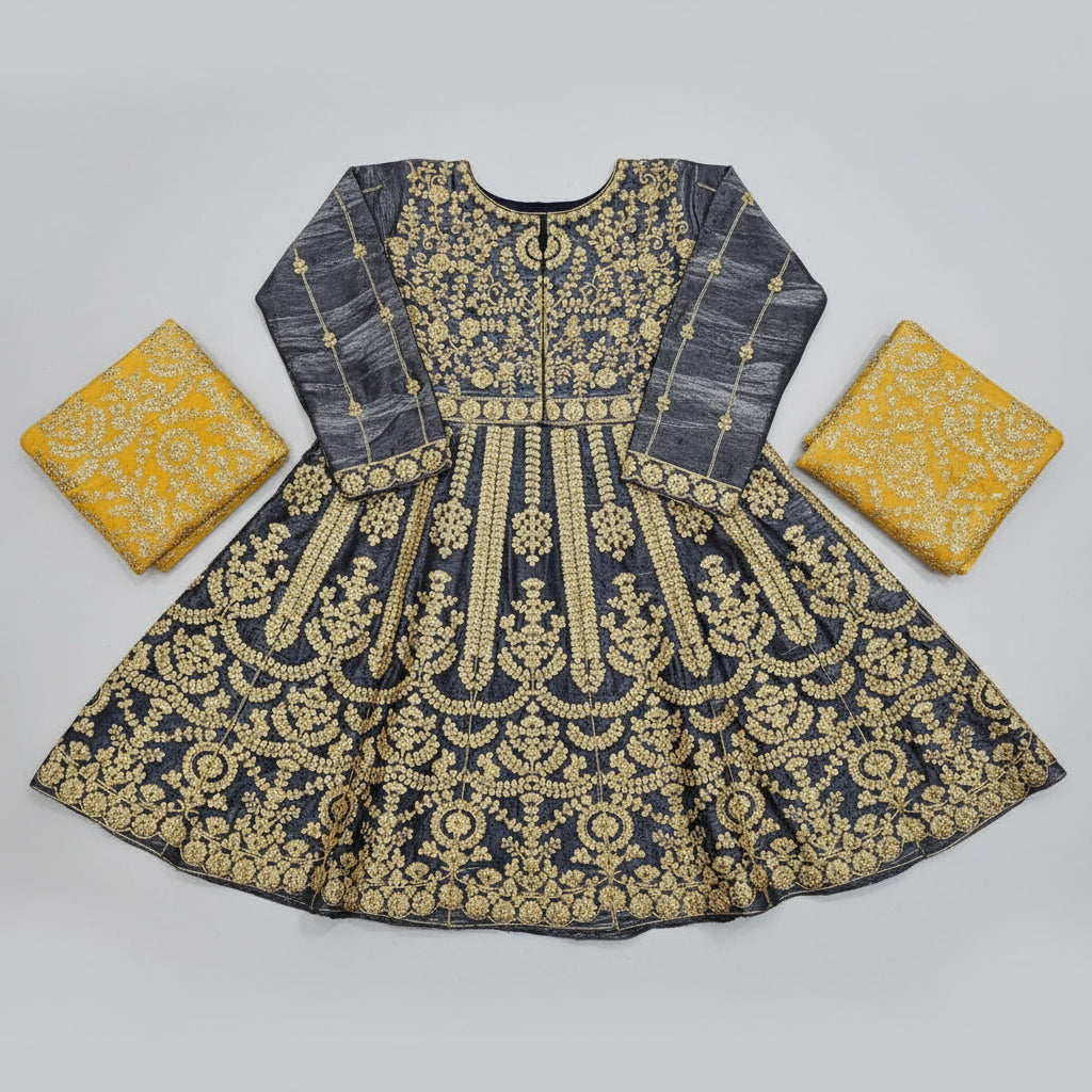 Grey Silk Peplum Top & Gold Embroidered Sharara Set | All-Over Embroidery | Sizes Small-8XL