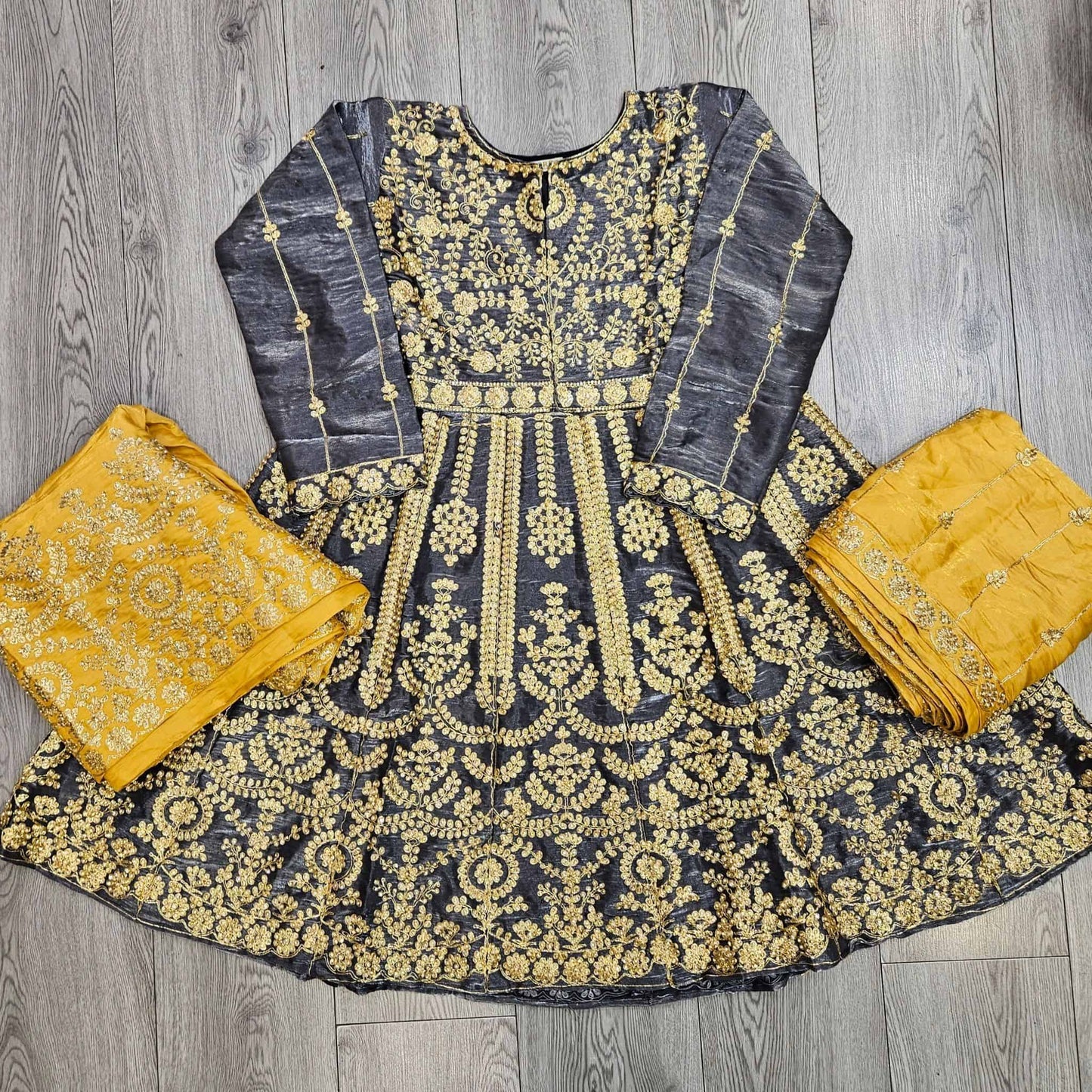 Grey Silk Peplum Top & Gold Embroidered Sharara Set | All-Over Embroidery | Sizes Small-8XL