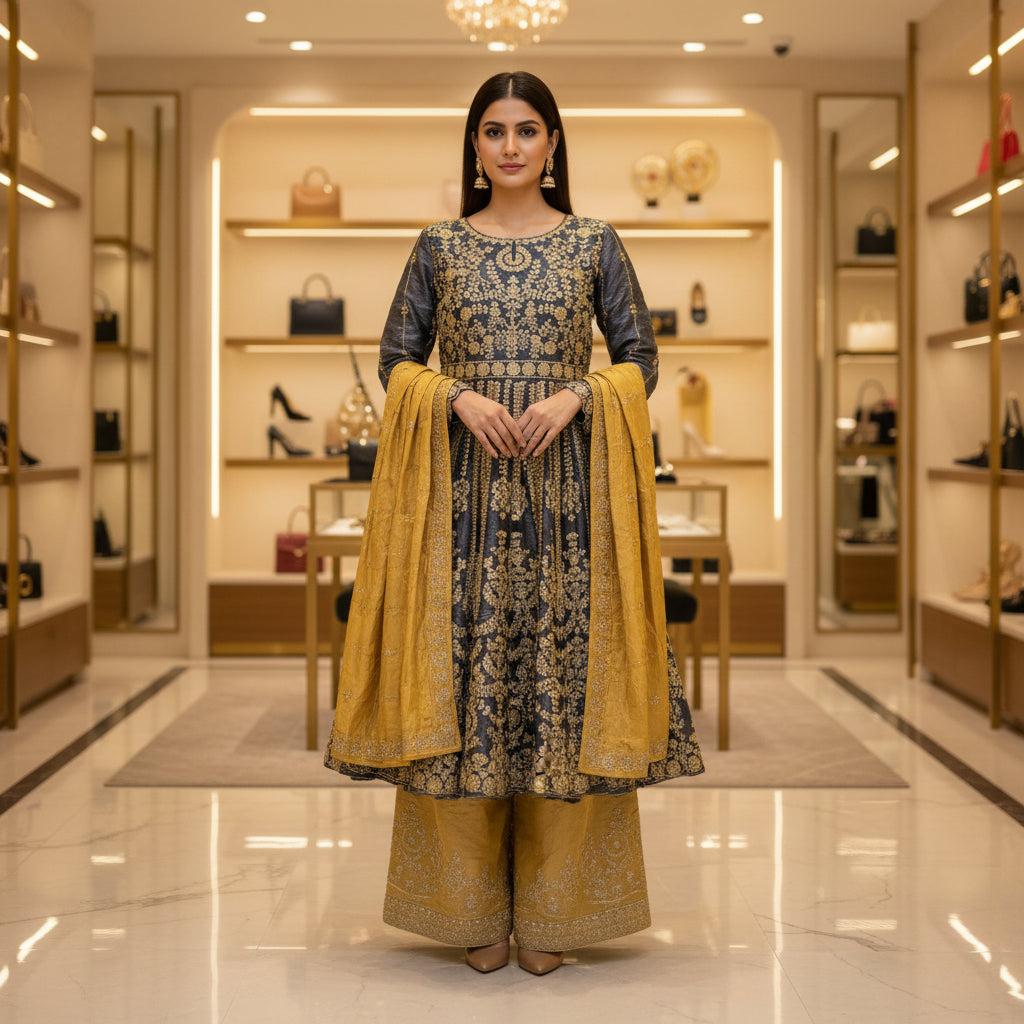 Grey Silk Peplum Top & Gold Embroidered Sharara Set | All-Over Embroidery | Sizes Small-8XL