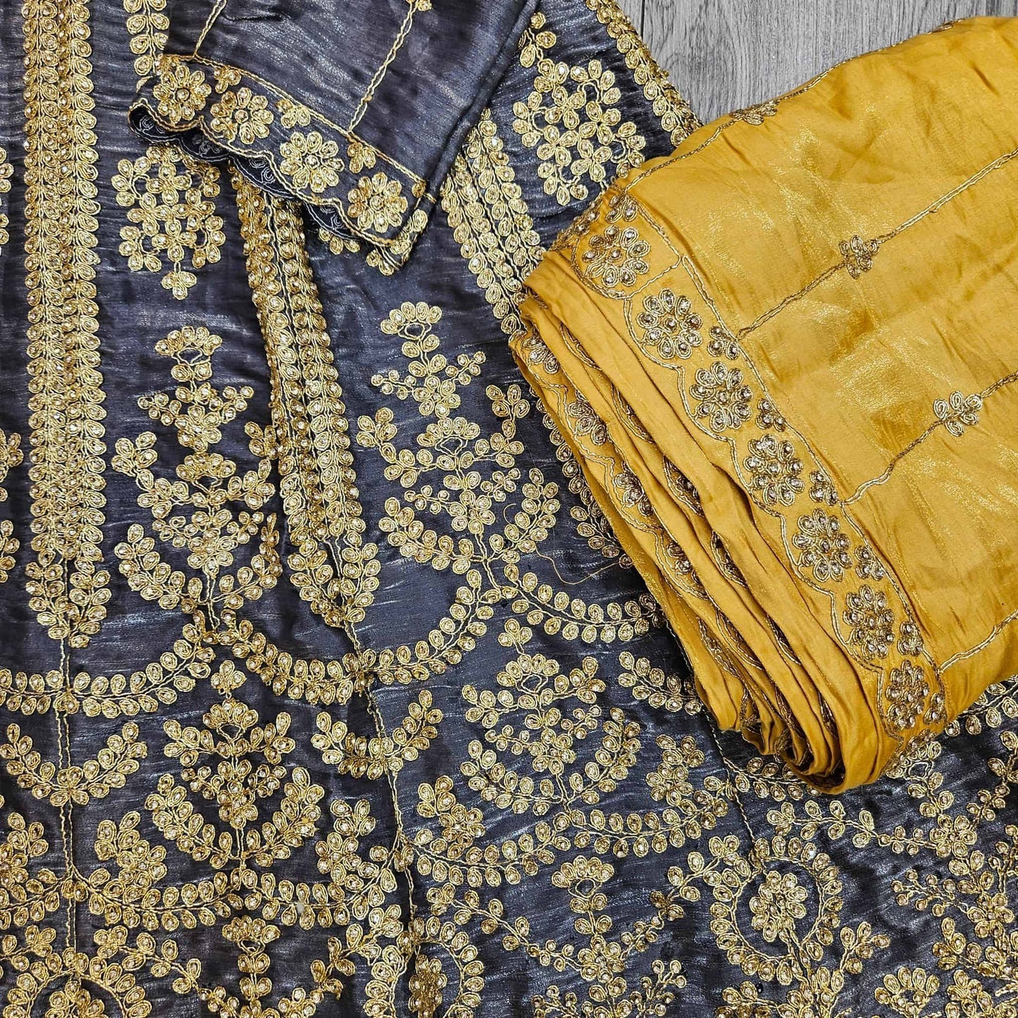 Grey Silk Peplum Top & Gold Embroidered Sharara Set | All-Over Embroidery | Sizes Small-8XL