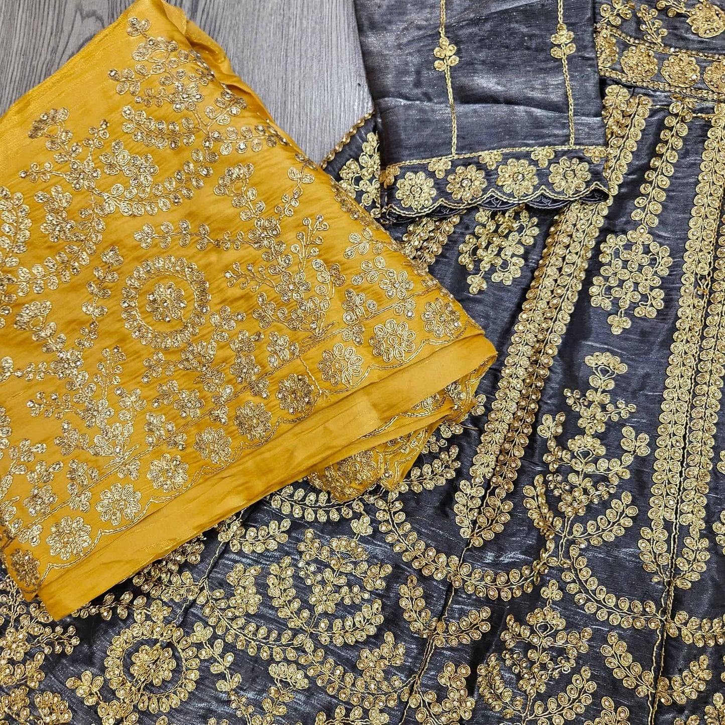 Grey Silk Peplum Top & Gold Embroidered Sharara Set | All-Over Embroidery | Sizes Small-8XL