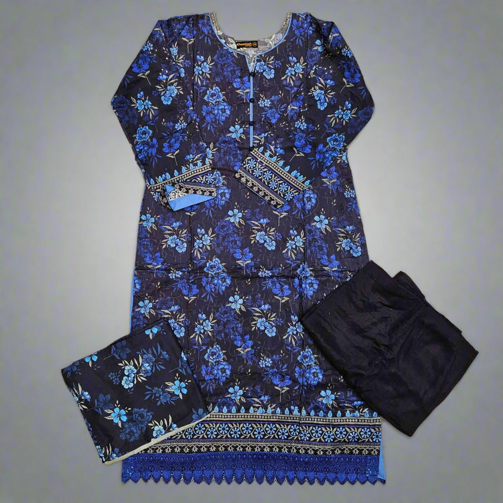 Navy Blue, Plum, Purple & Black Floral Print Linen Shalwar Kameez | Chikan Kari Embroidery | Winter Wear (Small-7XL)