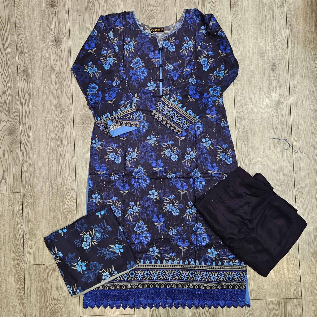 Navy Blue, Plum, Purple & Black Floral Print Linen Shalwar Kameez | Chikan Kari Embroidery | Winter Wear (Small-7XL)