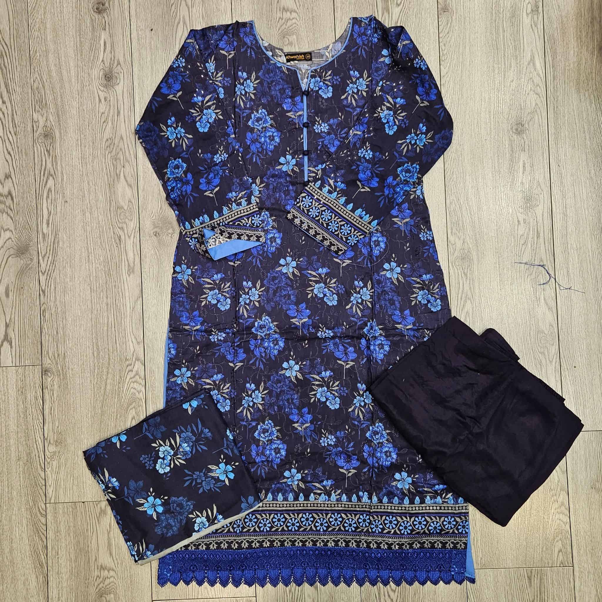 Navy Blue, Plum, Purple & Black Floral Print Linen Shalwar Kameez | Chikan Kari Embroidery | Winter Wear (Small-7XL)