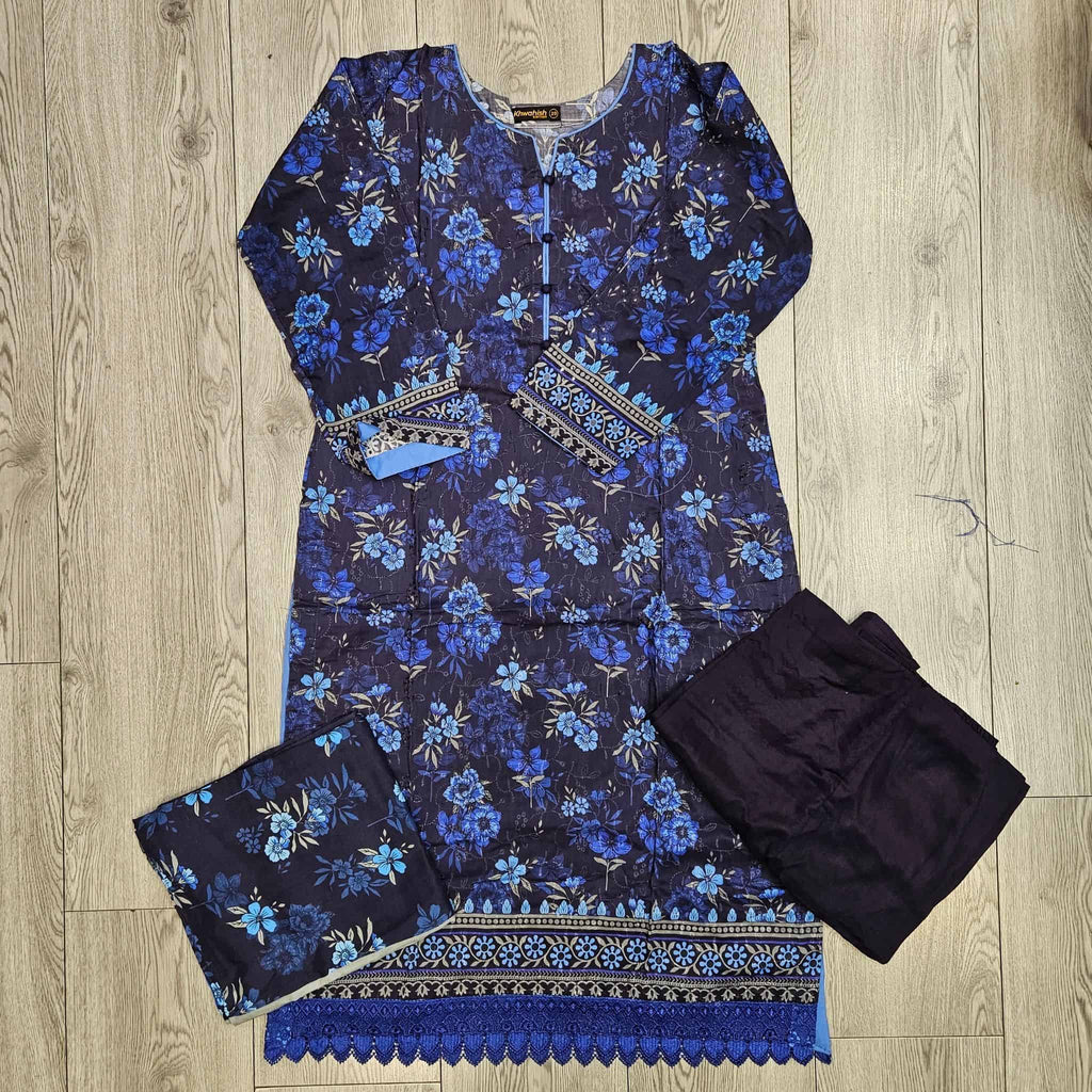 Navy Blue, Plum, Purple & Black Floral Print Linen Shalwar Kameez | Chikan Kari Embroidery | Winter Wear (Small-7XL)