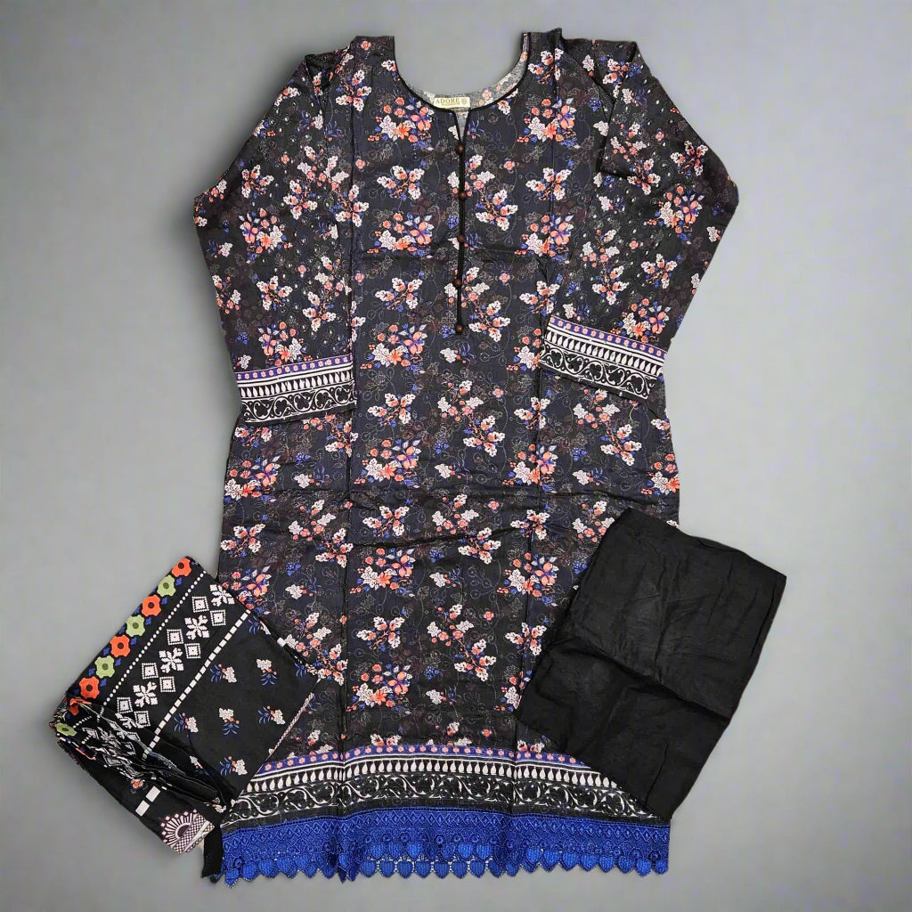 Navy Blue, Plum, Purple & Black Floral Print Linen Shalwar Kameez | Chikan Kari Embroidery | Winter Wear (Small-7XL)