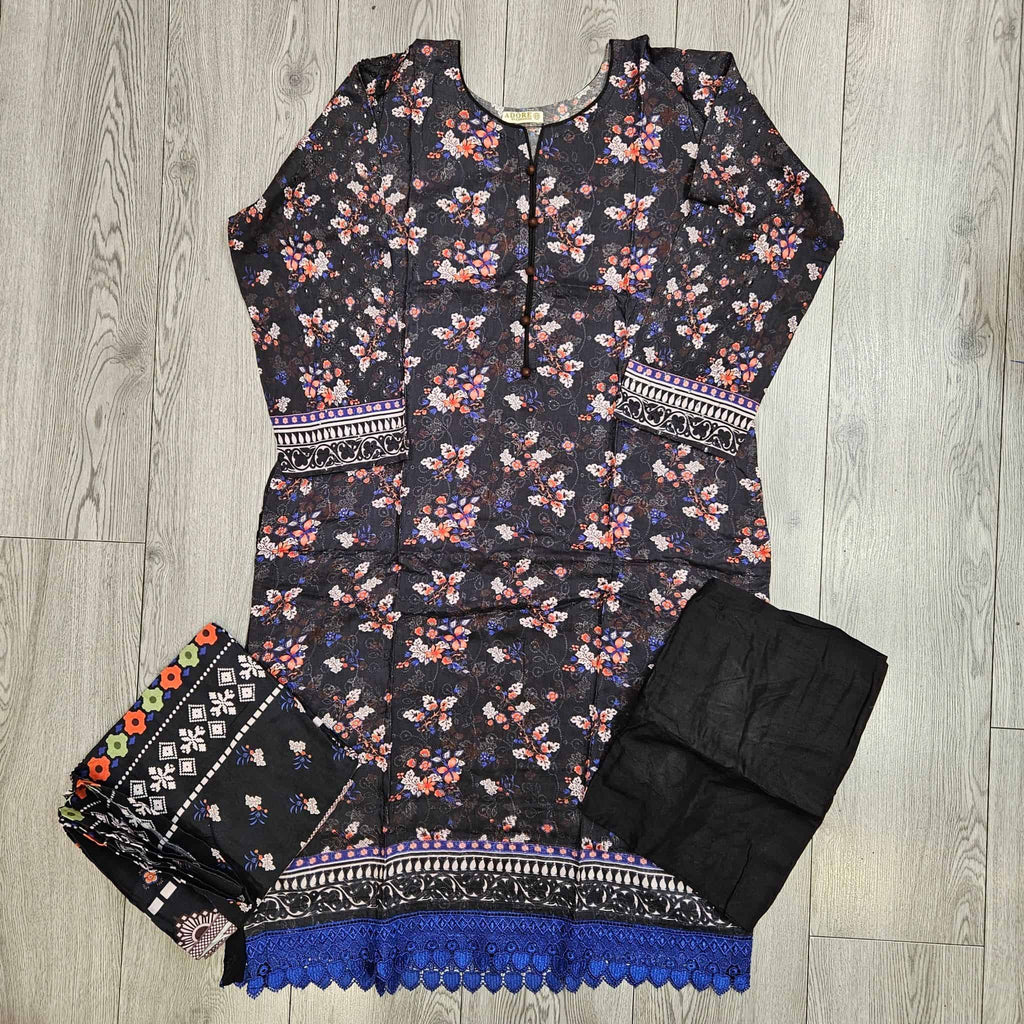 Navy Blue, Plum, Purple & Black Floral Print Linen Shalwar Kameez | Chikan Kari Embroidery | Winter Wear (Small-7XL)