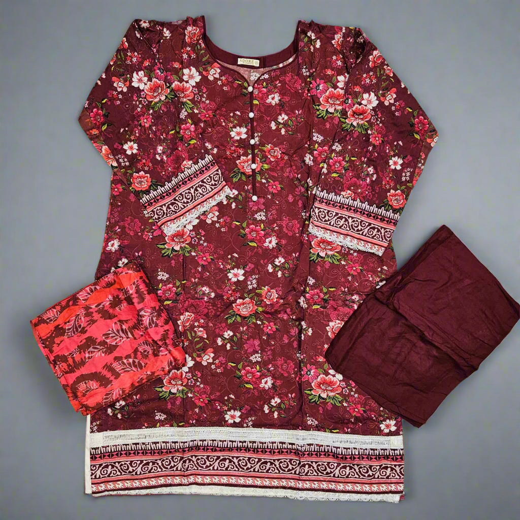 Navy Blue, Plum, Purple & Black Floral Print Linen Shalwar Kameez | Chikan Kari Embroidery | Winter Wear (Small-7XL)