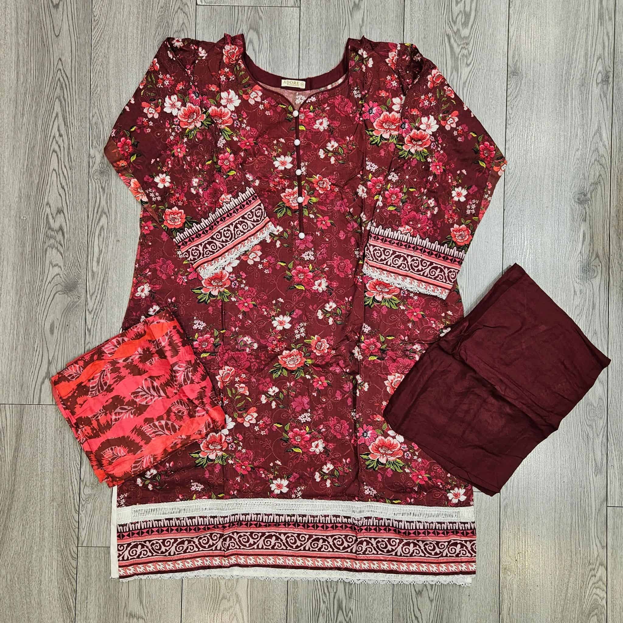 Navy Blue, Plum, Purple & Black Floral Print Linen Shalwar Kameez | Chikan Kari Embroidery | Winter Wear (Small-7XL)