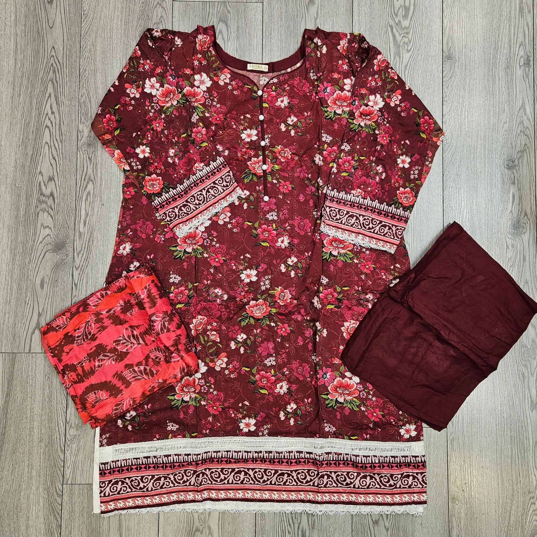 Navy Blue, Plum, Purple & Black Floral Print Linen Shalwar Kameez | Chikan Kari Embroidery | Winter Wear (Small-7XL)