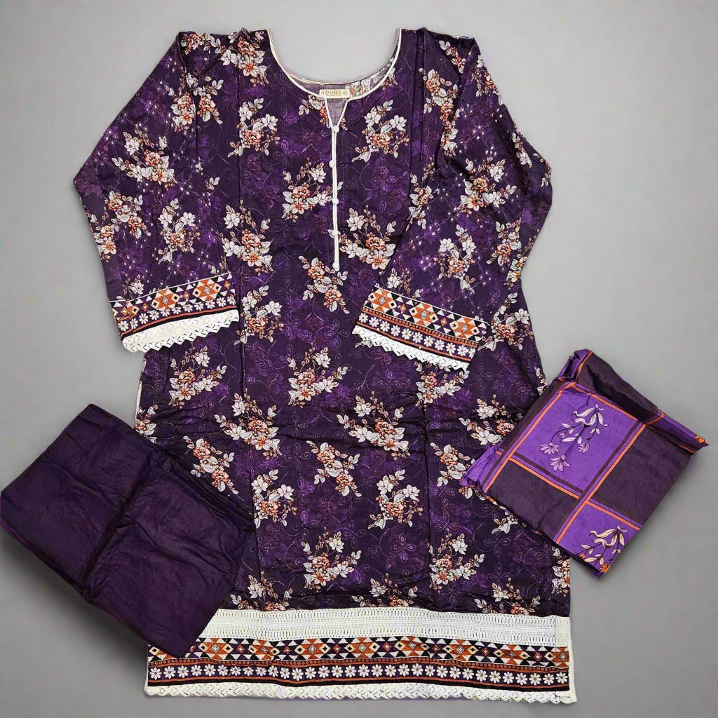 Navy Blue, Plum, Purple & Black Floral Print Linen Shalwar Kameez | Chikan Kari Embroidery | Winter Wear (Small-7XL)