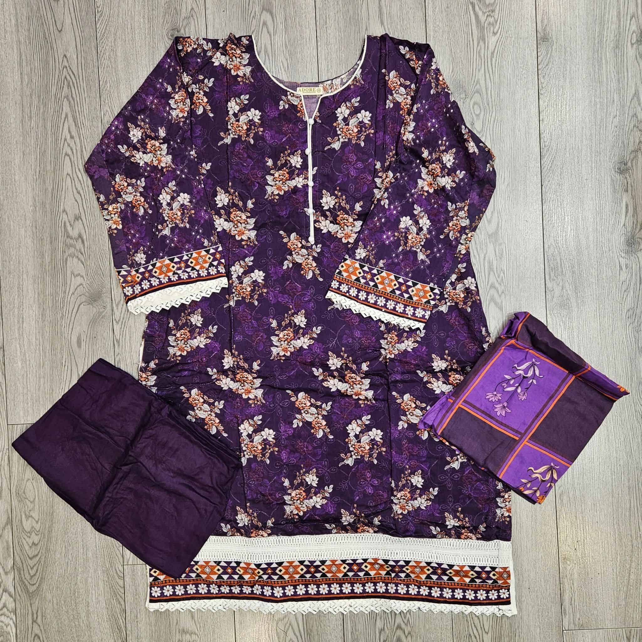 Navy Blue, Plum, Purple & Black Floral Print Linen Shalwar Kameez | Chikan Kari Embroidery | Winter Wear (Small-7XL)