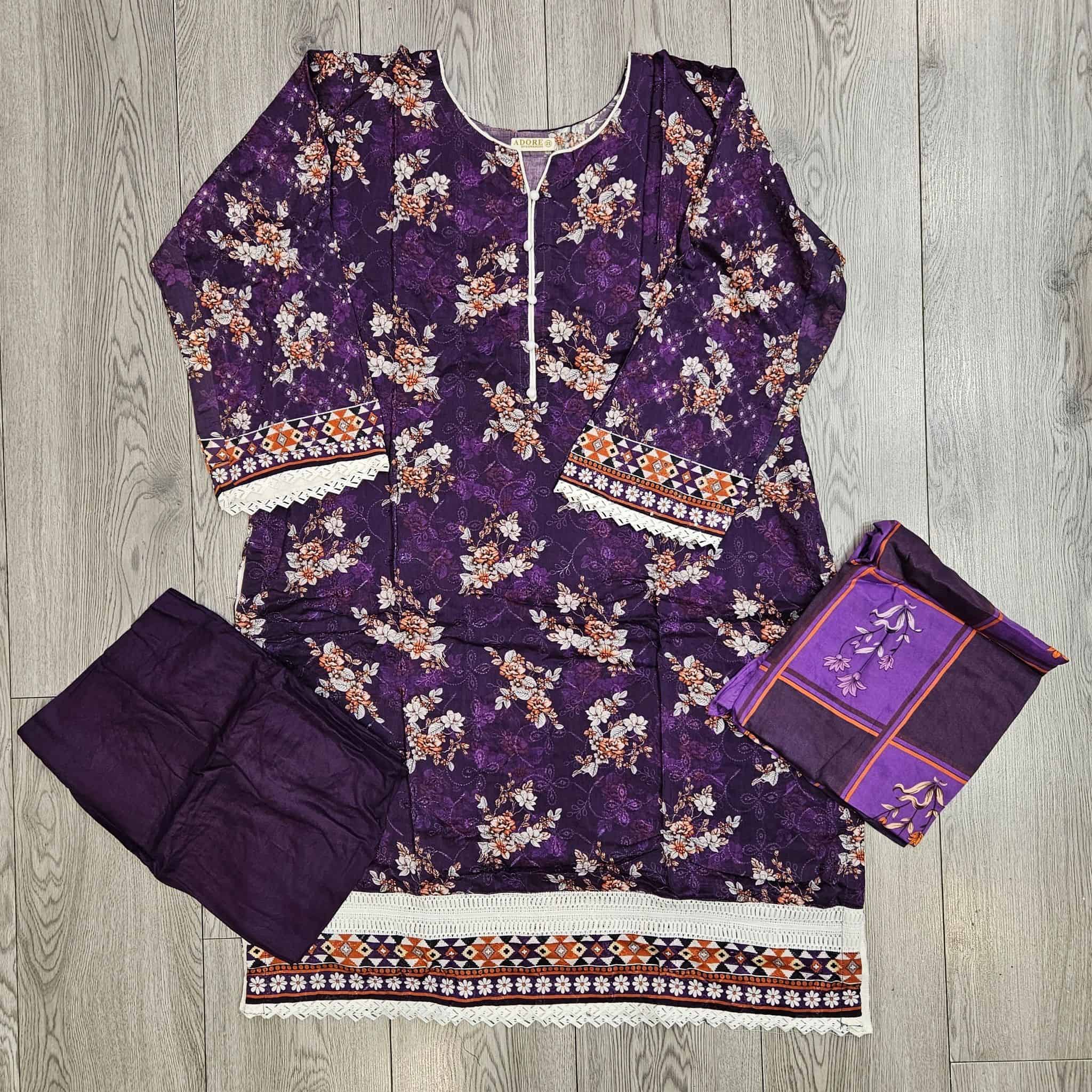 Navy Blue, Plum, Purple & Black Floral Print Linen Shalwar Kameez | Chikan Kari Embroidery | Winter Wear (Small-7XL)