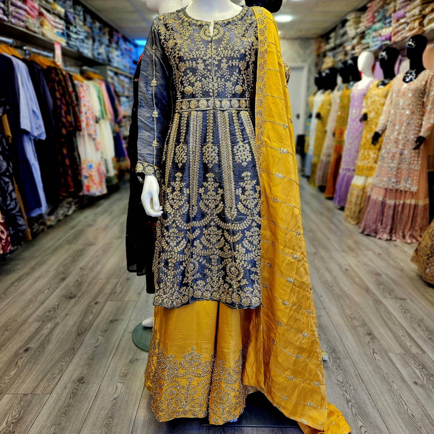 Grey Silk Peplum Top & Gold Embroidered Sharara Set | All-Over Embroidery | Sizes Small-8XL