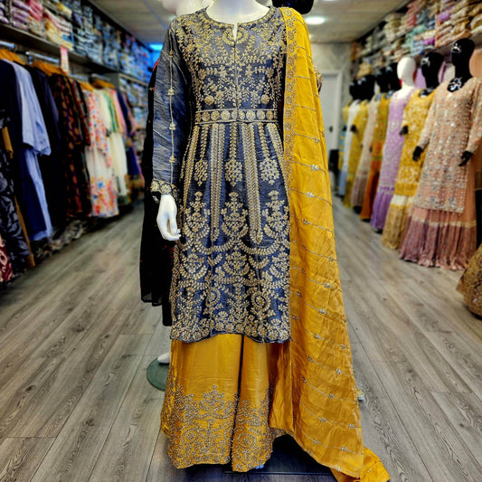 Grey Silk Peplum Top & Gold Embroidered Sharara Set | All-Over Embroidery | Sizes Small-8XL