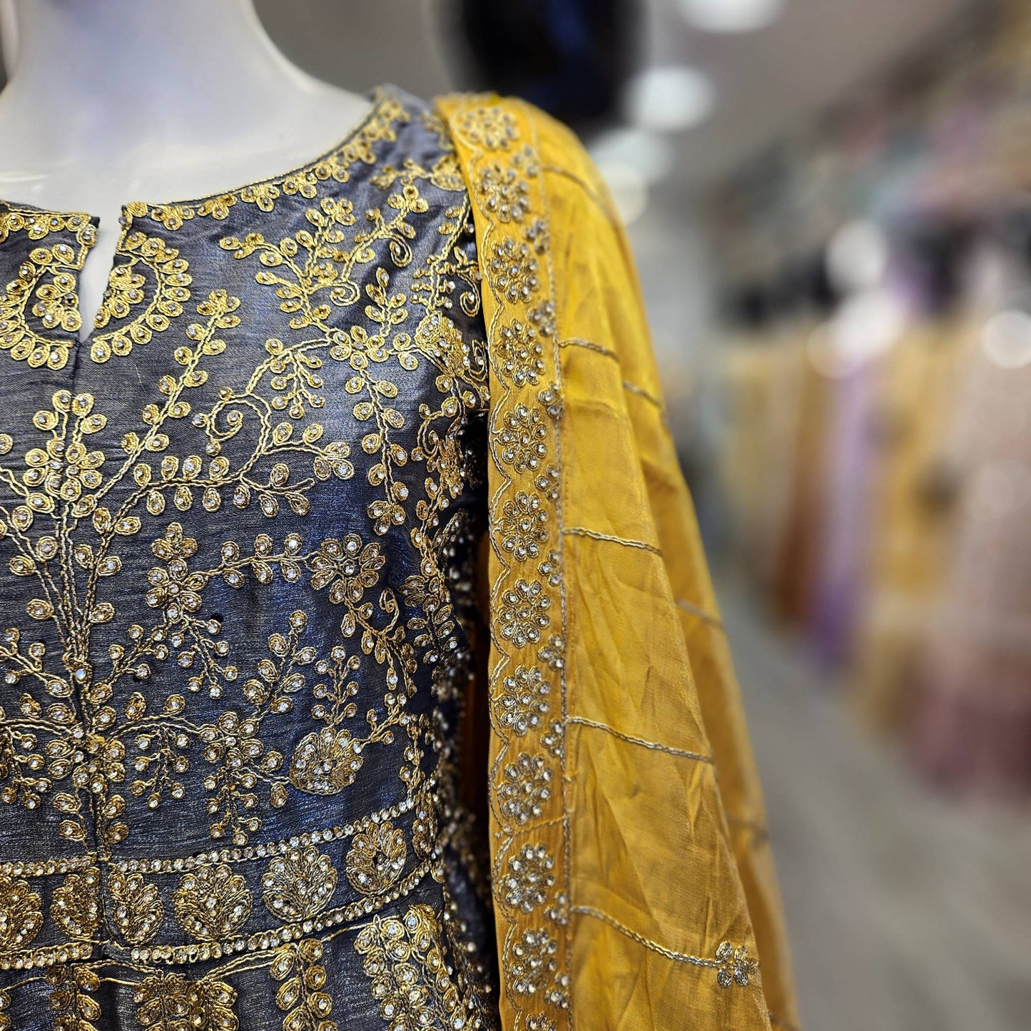 Grey Silk Peplum Top & Gold Embroidered Sharara Set | All-Over Embroidery | Sizes Small-8XL