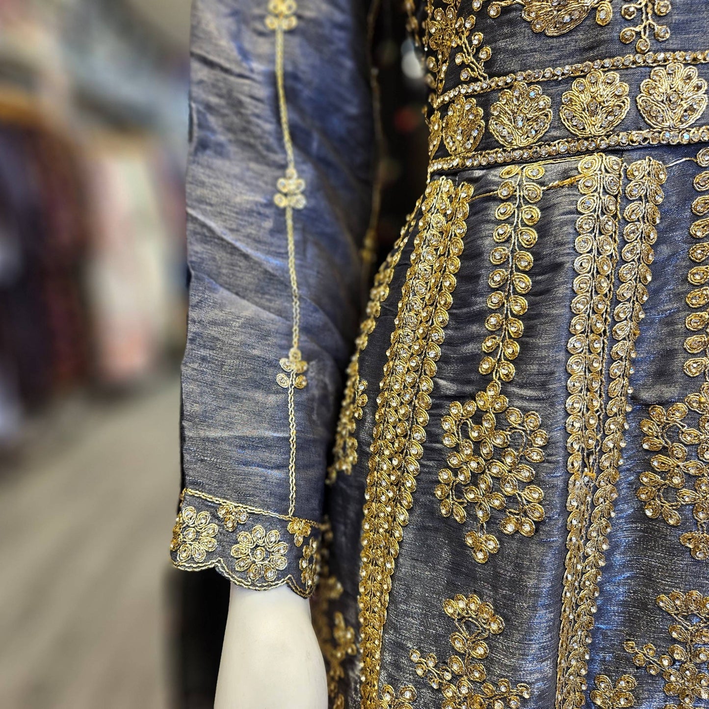 Grey Silk Peplum Top & Gold Embroidered Sharara Set | All-Over Embroidery | Sizes Small-8XL