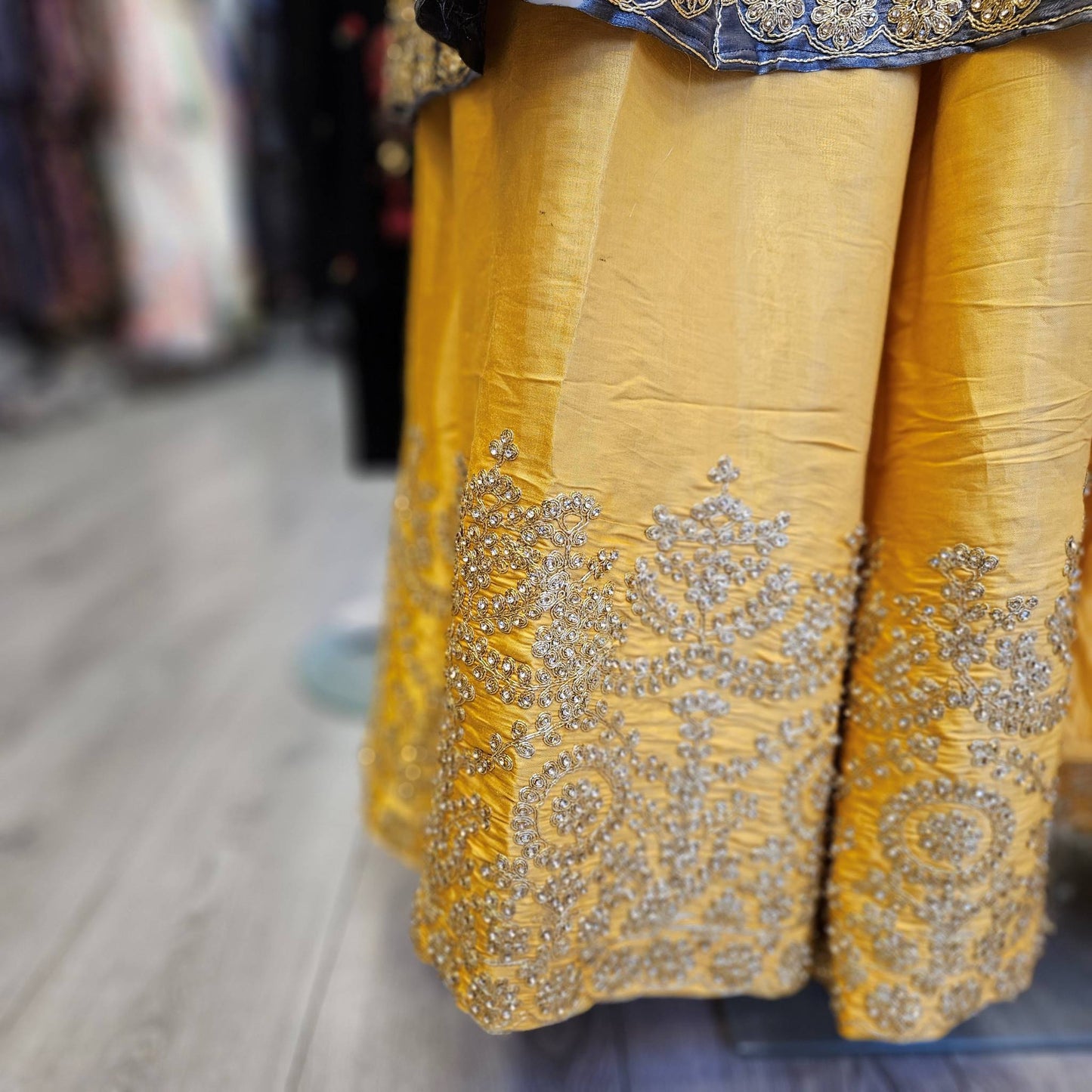 Grey Silk Peplum Top & Gold Embroidered Sharara Set | All-Over Embroidery | Sizes Small-8XL