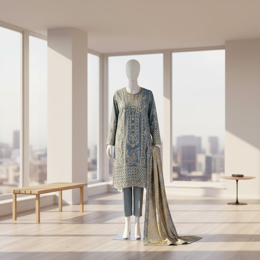 QMR teal blue and gold colour hand embellished in pearls crystals stones