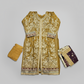 Mustard yellow embroidered traditional outfit with matching pants and dupatta on a white background