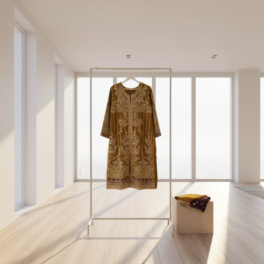 GUL Deep Mustard Organza Kameez | Hand Embroidered with Maroon Dupatta & Trousers | Sizes Up to 7XL