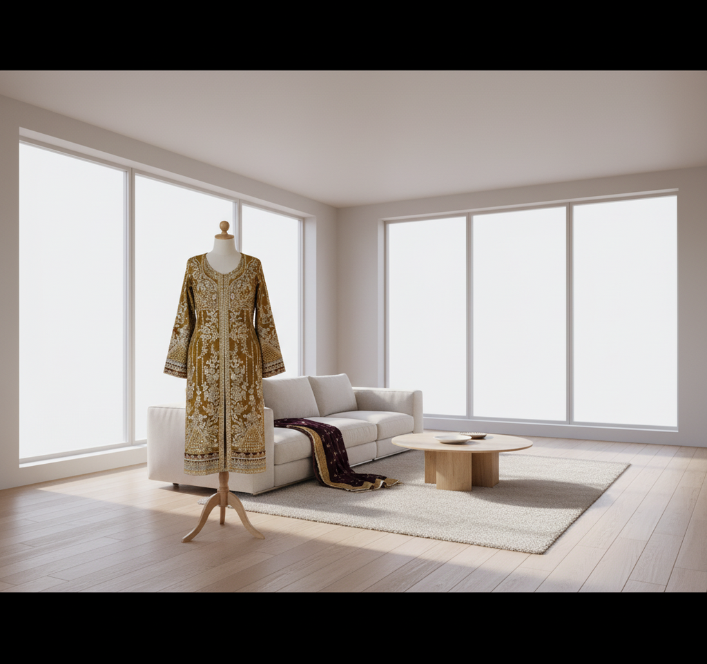 Gold embroidered traditional outfit with matching pants and dupatta on a white background