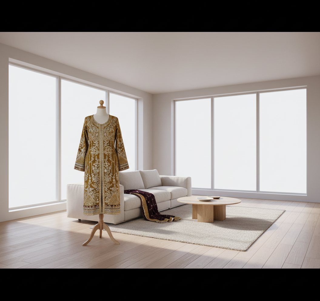 Gold embroidered traditional outfit with matching pants and dupatta on a white background