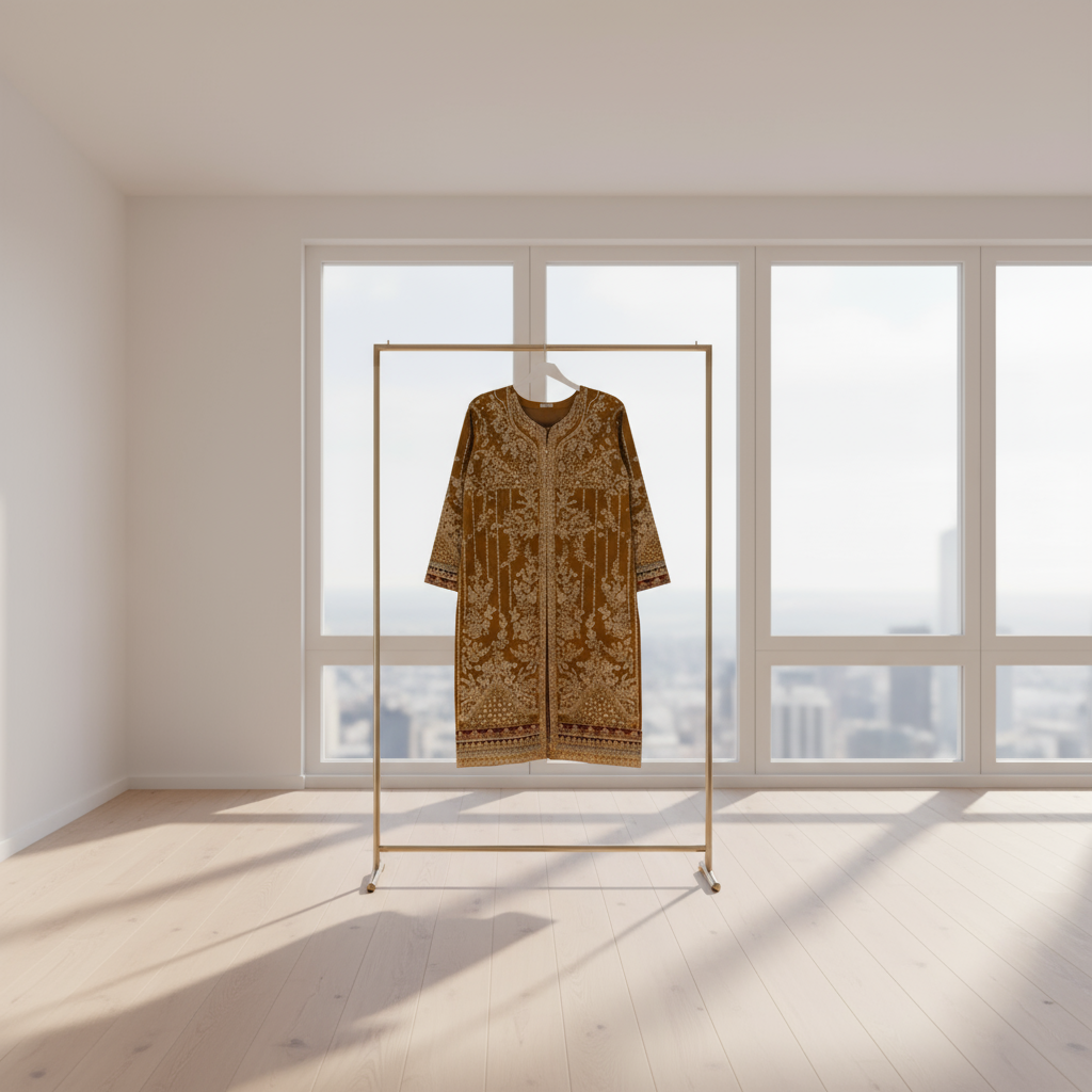 GUL Deep Mustard Organza Kameez | Hand Embroidered with Maroon Dupatta & Trousers | Sizes Up to 7XL