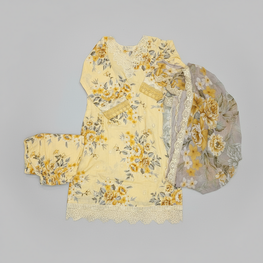 parmesan yellow floral cotton shalwar kameez maria b style