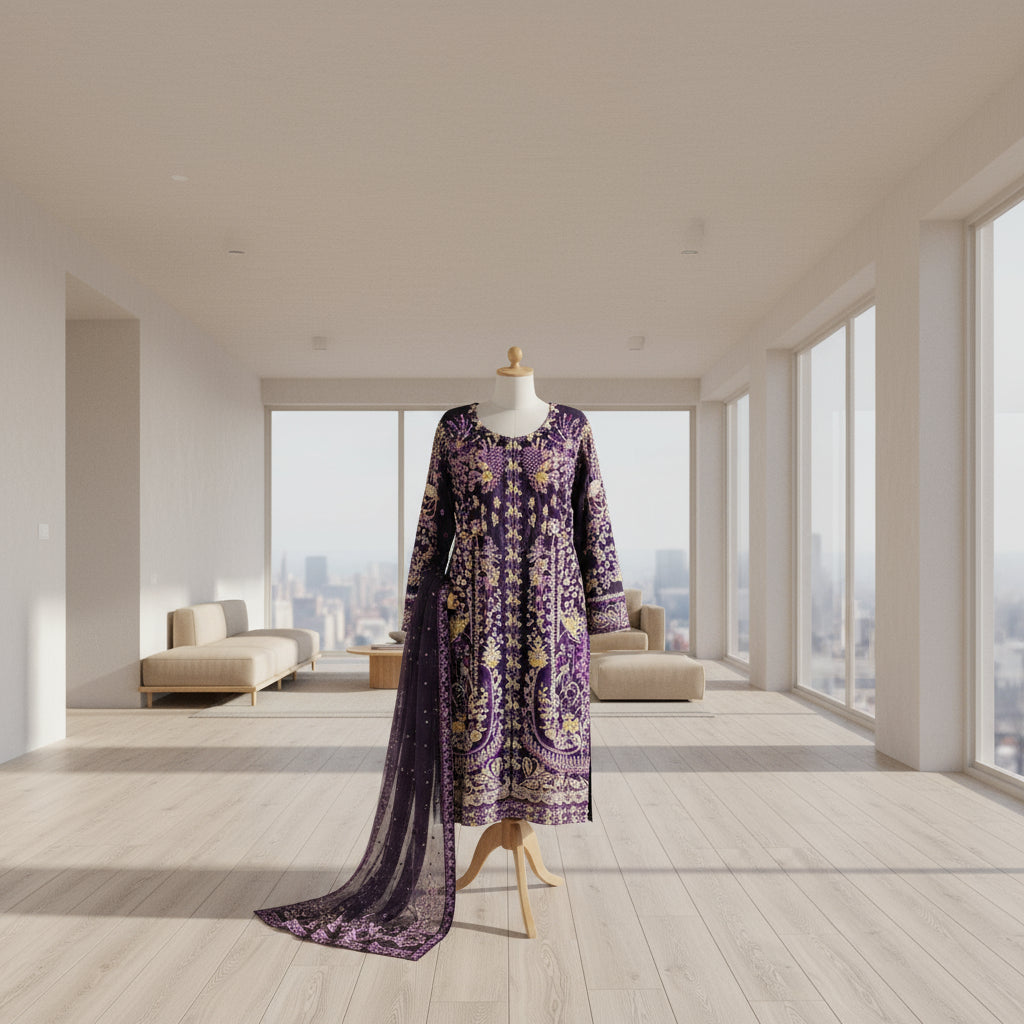 RPB Cadbury Purple Organza Kameez | Silver and Gold Hand Embroidery | Sizes Up to 8XL