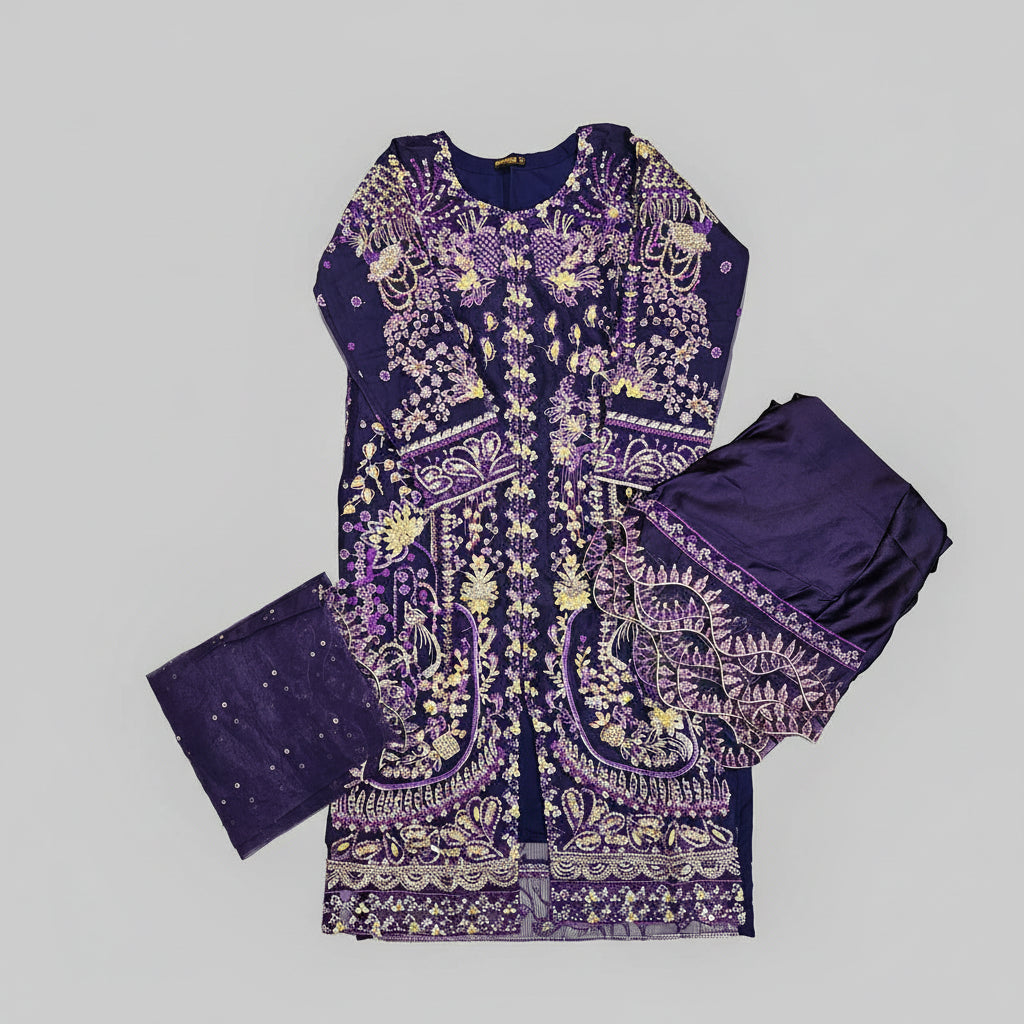 RPB Cadbury Purple Organza Kameez | Silver and Gold Hand Embroidery | Sizes Up to 8XL