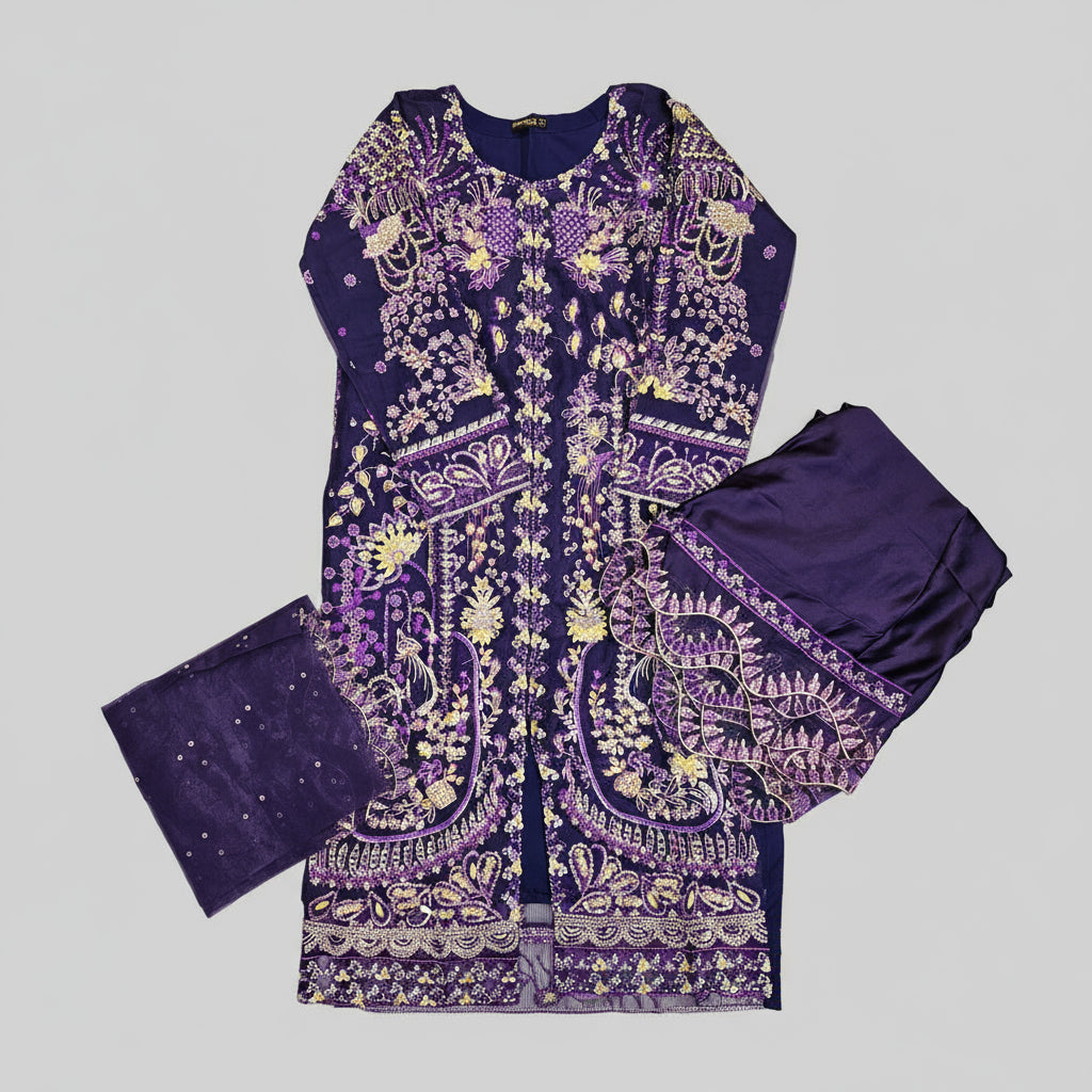 RPB Cadbury Purple Organza Kameez | Silver &amp; Gold Pearl Hand Embroidery | Sizes Up to 8XL