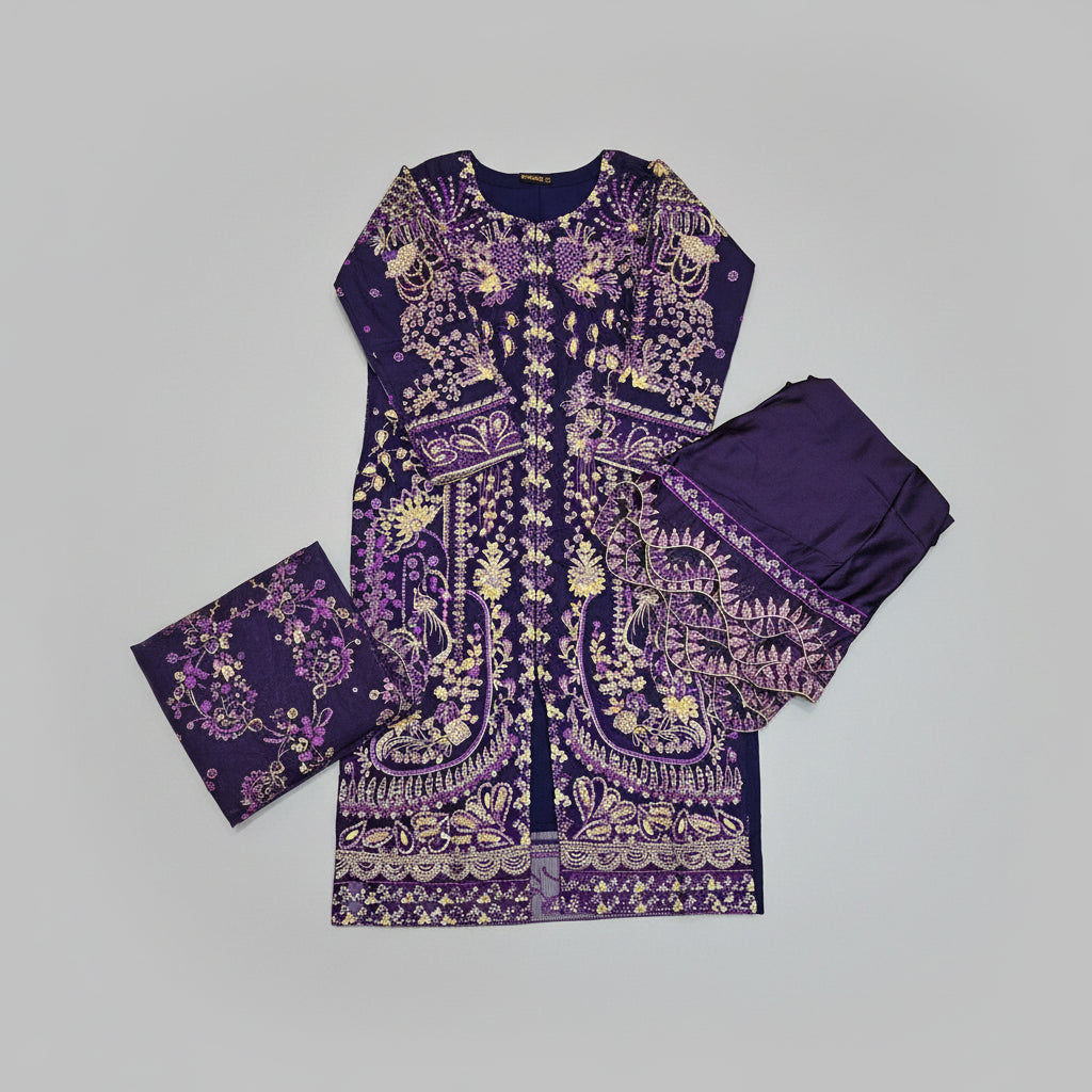 RPB Cadbury Purple Organza Kameez | Silver Gold Pearl Hand Embroidery | Sizes Up to 8XL