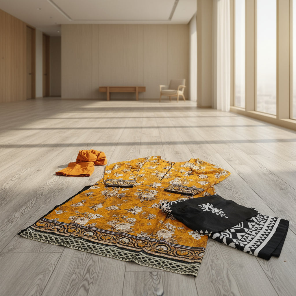 Deep Mustard & Brown Floral Linen Viscose Suit | Chikan Embroidery | Sizes Up to 8XL