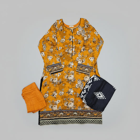 Deep Mustard & Brown Floral Linen Viscose Suit | Chikan Embroidery | Sizes Up to 8XL