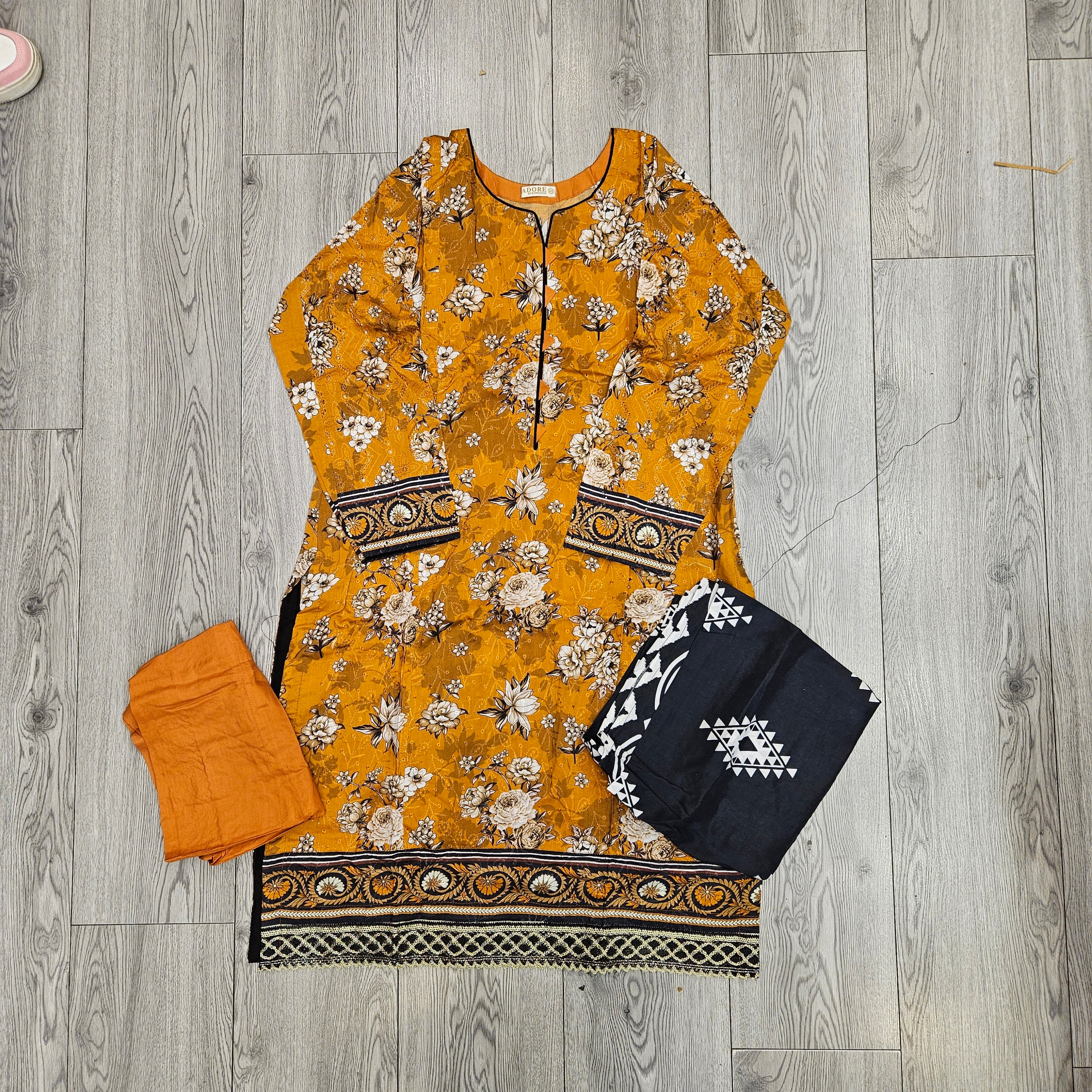 Deep Mustard & Brown Floral Linen Viscose Suit | Chikan Embroidery | Sizes Up to 8XL