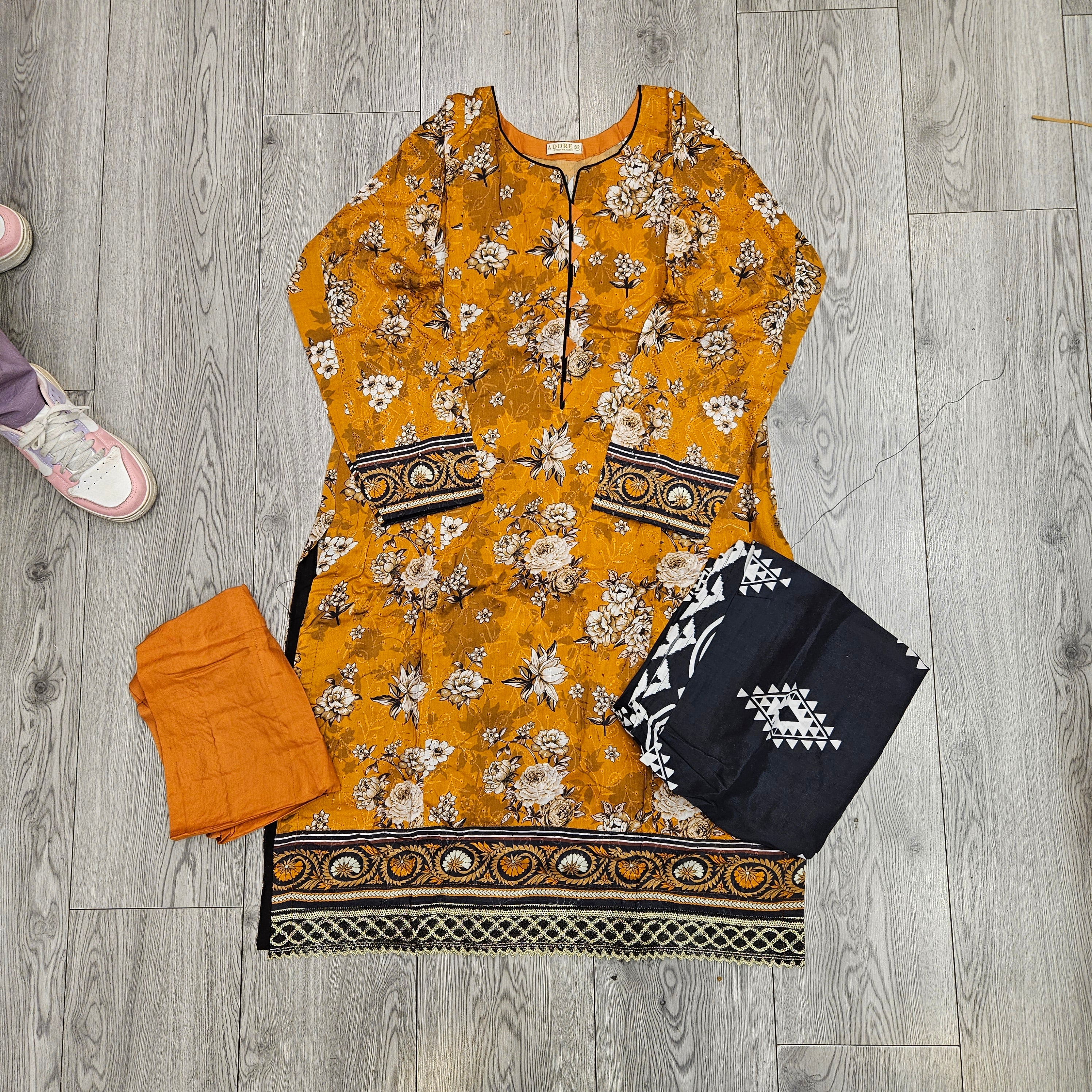 Deep Mustard & Brown Floral Linen Viscose Suit | Chikan Embroidery | Sizes Up to 8XL