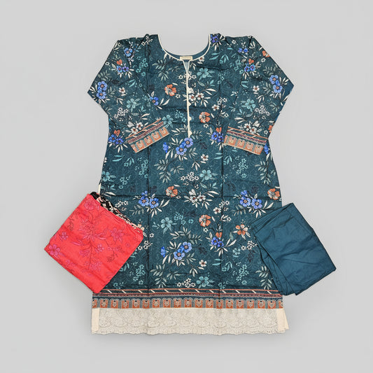 Teal Blue Linen Viscose Shalwar Kameez | Chikan Embroidery | Sizes Up to 8XL