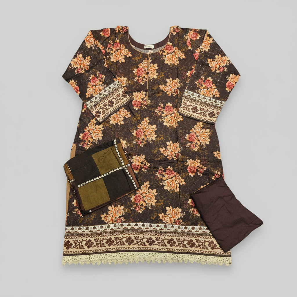Chocolate Brown & Orange Floral Linen Viscose Suit | Chikan Embroidery | Sizes Up to 8XL
