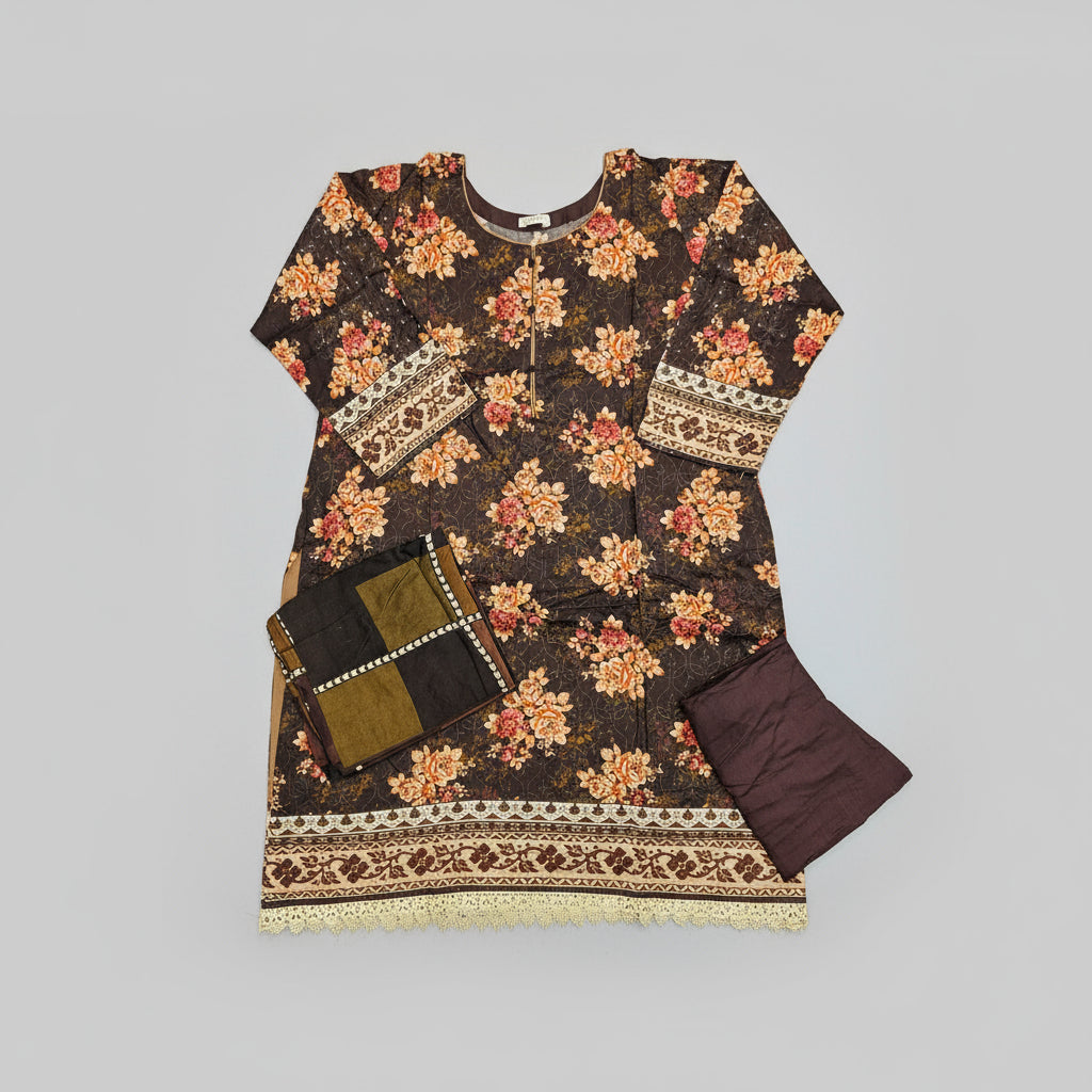 Chocolate Brown & Orange Floral Linen Viscose Suit | Chikan Embroidery | Sizes Up to 8XL