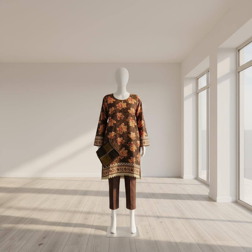 Chocolate Brown & Orange Floral Linen Viscose Suit | Chikan Embroidery | Sizes Up to 8XL