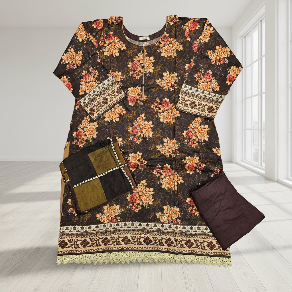 Chocolate Brown & Orange Floral Linen Viscose Suit | Chikan Embroidery | Sizes Up to 8XL