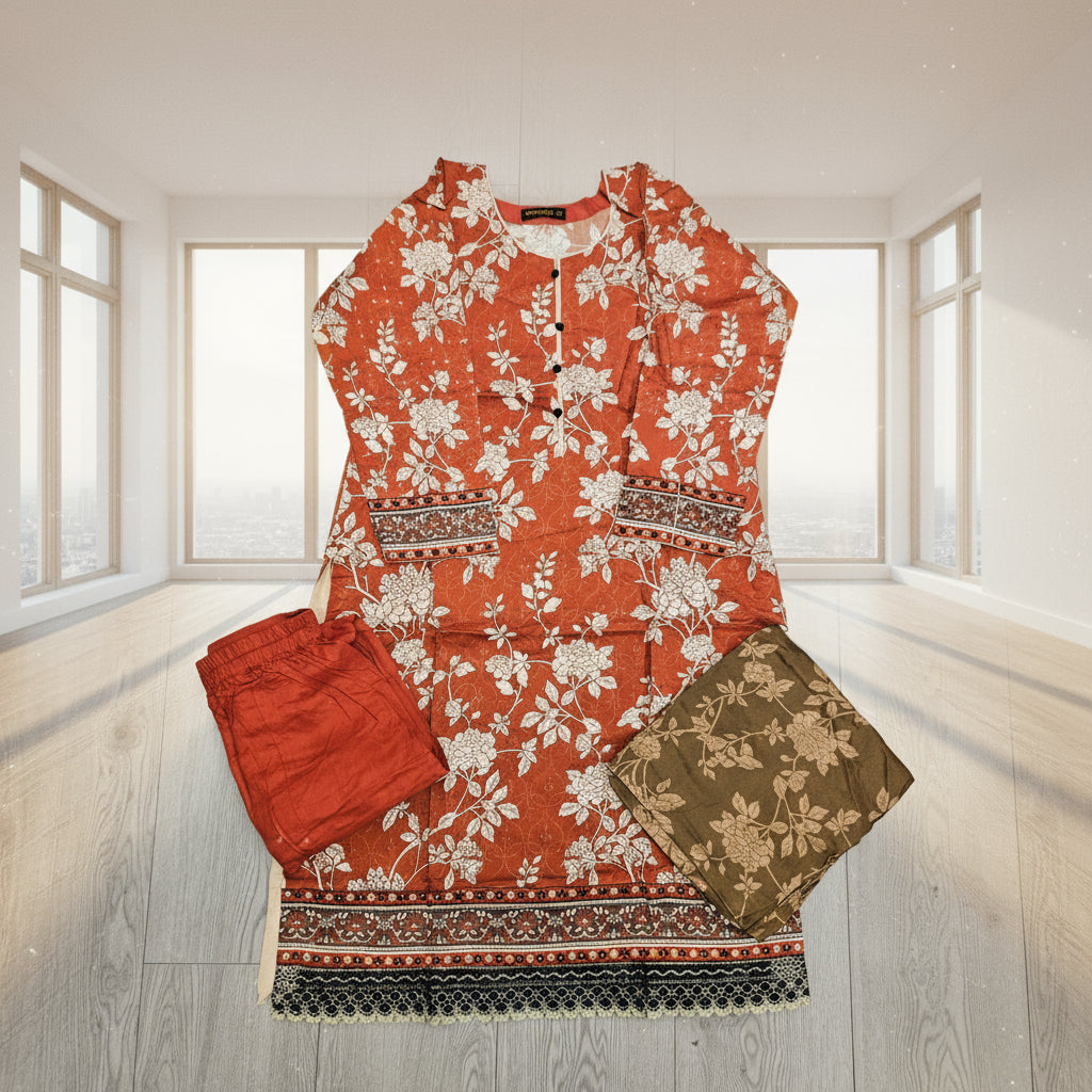 Rust Orange Floral Linen Viscose Suit | Chikan Embroidery Shalwar Kameez | Sizes Up to 8XL