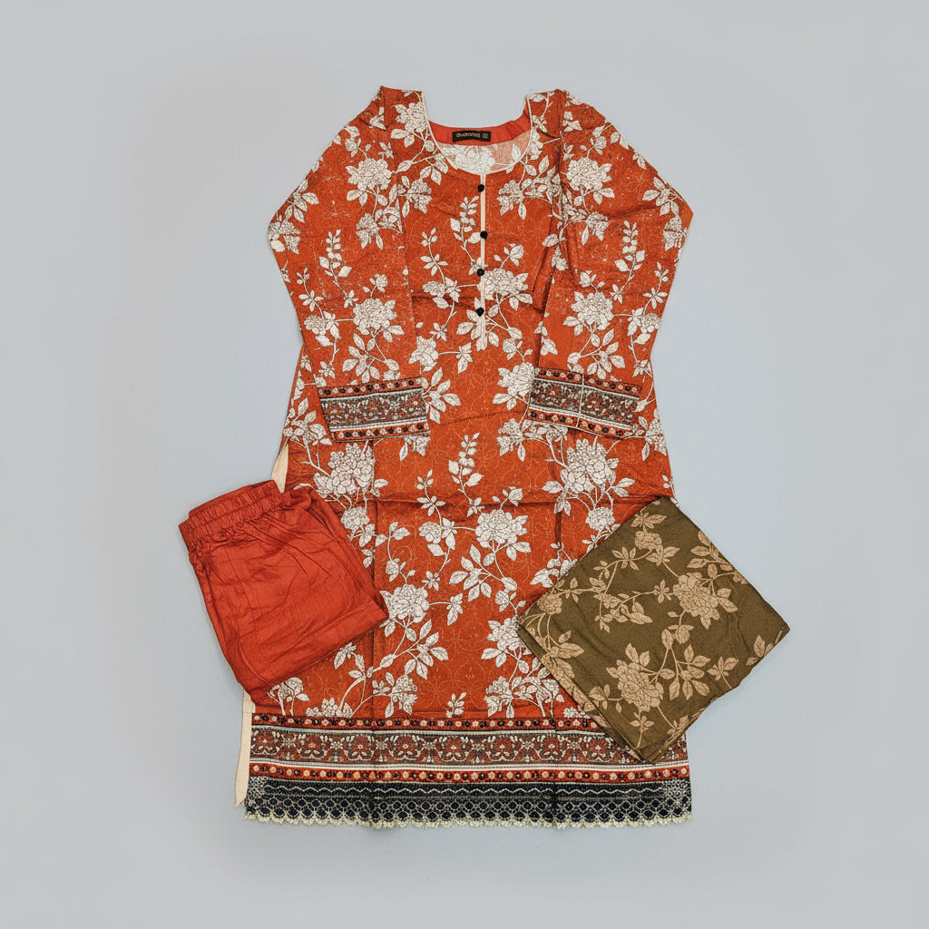 Rust Orange Floral Linen Viscose Suit | Chikan Embroidery Shalwar Kameez | Sizes Up to 8XL