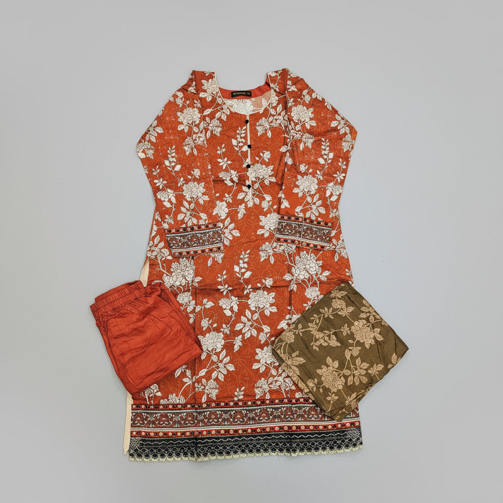 Rust Orange Floral Linen Viscose Suit | Chikan Embroidery Shalwar Kameez | Sizes Up to 8XL
