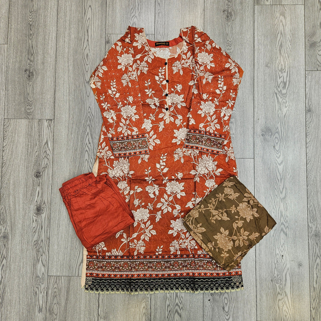 Rust Orange Floral Linen Viscose Suit | Chikan Embroidery Shalwar Kameez | Sizes Up to 8XL