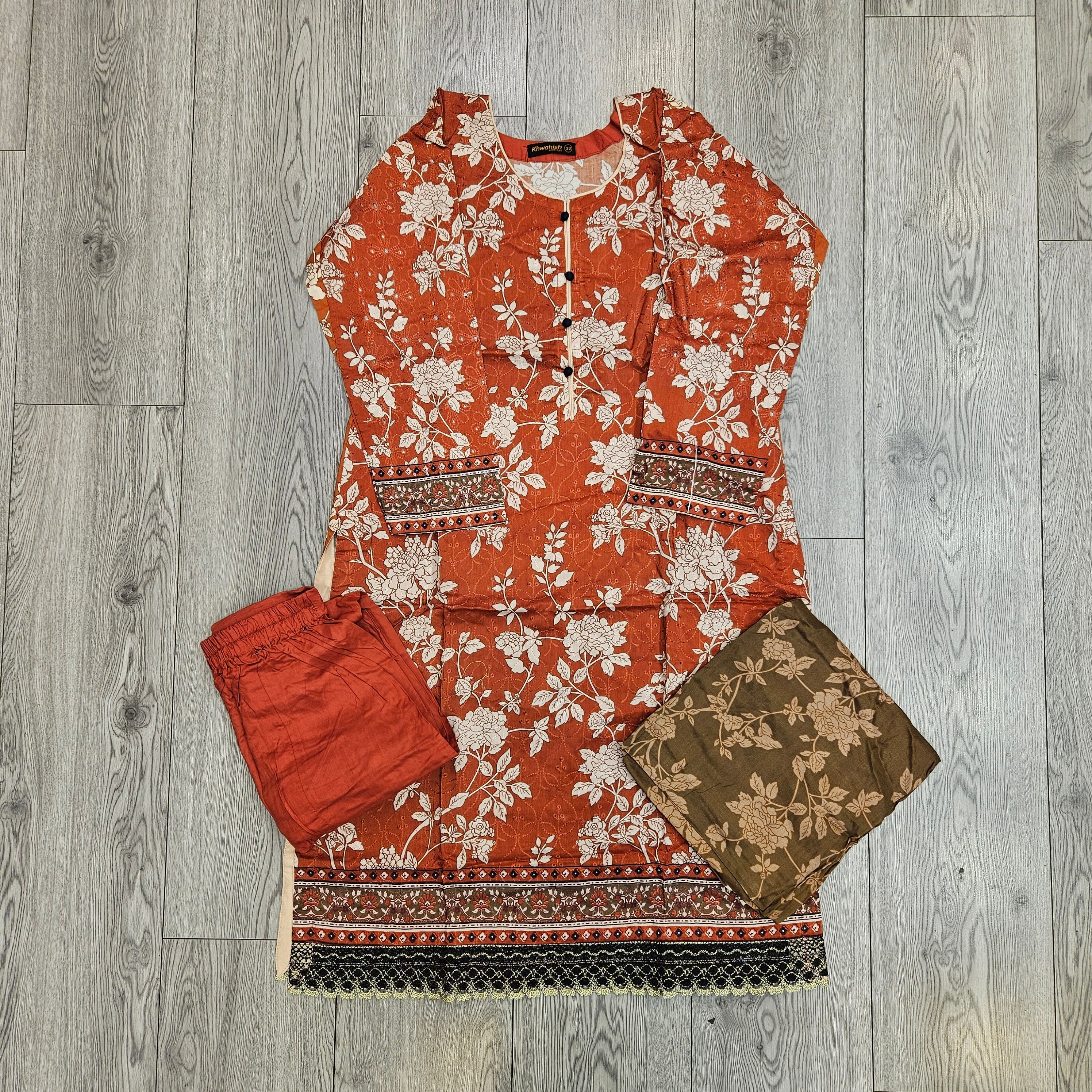 Rust Orange Floral Linen Viscose Suit | Chikan Embroidery Shalwar Kameez | Sizes Up to 8XL